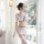 Sexy sheer long night lingerie set featuring a plunging neckline and lace stockings, perfect for women seeking elegant yet da...