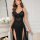 Elegant black lace mesh sexy sleep dress set, sheer design with deep v-neckline and thigh-high slit, perfect for women seekin...