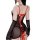 Sexy black sheer mesh bodysuit with red lace detailing, metal chest chain, and adjustable ties.