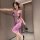 A woman poses elegantly in a purple lace sheer sleepwear set, featuring a seductive split skirt and strap cami design, perfec...