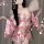 Elegant pink kimono with floral patterns, deep v-neck design, perfect for anime-inspired sleepwear. features delicate feather...