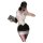 Woman in white deep v-neck blouse and black lace-trim skirt, holding phone and clutch. night seductive secretary costume 775...