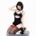 A figurine wearing a black lace dress with fringe details, featuring a backless design and thigh-high stockings, posing elega...