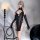 Elegant black leather look bodysuit with lace details and gloves, featuring a split design inspired by traditional chinese at...