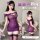 Model wearing purple lace mesh see-through bodycon mini dress with cutout corset top and matching thigh-high stockings.