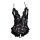 Black lace bodysuit with floral pattern, open-crotch design, and adjustable straps. sheer sleepwear set for women.