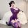 Woman kneeling in purple deep v lace sheer bodycon sleep set with matching thigh-highs and heels, seductive lingerie dress 83...