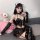 Sexy pvc lace-up corset top paired with matching bodysuit featuring cut-outs and cat ears, perfect for anime devil chic style...