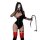 A woman poses in a black latex bodysuit with an open crotch design, paired with red thigh-high stockings and a whip accessory...