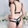 Sexy black lace bondage lingerie set featuring a provocative cut-out bra and thong outfit with patent leather accents.