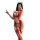 Woman modeling red night si ye se sheer mesh bodysuit with bow detail and open-crotch design, taking selfie.