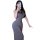 A woman poses with a phone, wearing a sleek gray bodycon dress that accentuates her figure. the dress features a backless des...