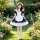 A girl wearing an adorable bow cosplay dress, featuring a navy blue and white maid outfit with ruffled details, perfect for l...