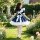 A girl wearing an adorable bow cosplay dress, perfect for student maid outfits and lolita style daily wear, stands gracefully...