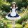 A girl wearing an adorable bow cosplay dress, featuring a navy blue and white maid outfit with ruffled sleeves and apron, per...