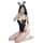 Woman in black sheer bunny lingerie with ears, choker, and open-crotch design, kneeling while taking a mirror selfie.
