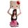 A woman wearing an adorable kitty cat maid costume set, featuring a black and white dress with a red bow, holding a large hel...