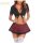 Sexy black and red plaid uniform-style lingerie with lace mesh skirt and thigh-high stockings.
