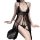 Woman wearing black sheer lace lingerie set with open front and matching thong, featuring delicate embroidery and ribbon ties...