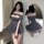 Woman wearing ai ruru lingerie strap dress - sexy sheer mesh chemise with cutout bust and flared skirt, shown front and mirro...
