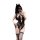 Woman wearing black airusu sexy lace bodysuit with backless mesh, straps, and thigh-high stockings, taking mirror selfie.