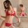 Woman wearing red airusu sexy lace bondage bra and panty set, showing front and back views of the seductive lingerie outfit.