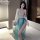 Elegant sheer top with floral design paired with flowing teal skirt, perfect for seductive sleepwear or roleplay costumes ins...