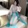 Elegant sheer top with floral design paired with flowing teal skirt, perfect for seductive sleepwear or roleplay costumes.