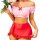 Off-shoulder pink top with ruffles and red bow, paired with a red ruffled skirt, perfect for womens sexy lace sleepwear set.