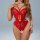 Woman wearing red lace bodysuit with sheer panels and floral detailing, styled for nightlife or stage wear.