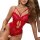 Woman wearing red lace bodysuit with cutouts, sheer panels, and strappy design; elegant lingerie for nightlife or stage wear.