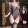 Woman wearing american style mesh leopard print bodysuit with fishbone detailing, strapless design, and matching garter belt.