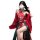 Woman wearing red embroidered hanfu doudou top and sheer green flying skirt, ancient chinese court-style lingerie set with se...