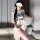 Vintage-inspired sheer chiffon hanfu dress with elegant floral embroidery, paired with a delicate palace-style dudou fan, per...