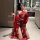 Seductive ancient chinese palace-style lingerie set featuring a red bodice and sheer flying skirt with intricate embroidery, ...