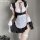 Anime maid costume for women featuring a black and white outfit with sheer lace, ribbon details, and ruffled sleeves and skir...