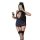 Woman in navy avian moon sheer airline-themed bodycon skirt set with garter straps, holding champagne and phone.