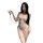 Woman modeling baiyueguang sheer mesh lingerie set with ruffles, open-crotch design, and decorative chain detail.