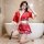 A woman poses in a bathroom wearing a red baodoubear japanese-style lingerie set, featuring a floral pattern and kimono-inspi...