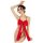 Woman wearing red sheer mesh bodysuit with giant bow and neck tie, sexy lingerie set.