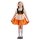 A young girl wears a vibrant bavarian dirndl dress, featuring an orange skirt, floral apron, and black bodice with lace trim....