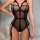 Black bodysuit for women featuring sheer mesh design, lace-up detail, and push-up effect for a sexy and form-fitting look.