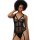 Sexy black bodysuit featuring sheer mesh design, lace-up detail, and push-up effect for a stylish look.