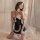 A woman poses elegantly in a black deep v sexy mini skirt lingerie set, featuring lace details and a maid-inspired design, pe...