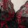 Black lace bodysuit with red floral embroidery, sheer mesh design, open-crotch lingerie for women, european style.