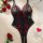 Black lace bodysuit with red floral embroidery, sheer mesh panels, and open-crotch design. sexy european-style lingerie for w...
