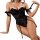 Woman wearing black lace bodysuit set with sheer european style shapewear, featuring elegant lingerie design and adjustable s...