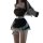 Woman in black maid costume with sheer mesh skirt, lace trim, and thigh-high stockings, holding a prop gun for role play.