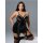 Black patent leather lace-up lingerie set with cutout bra and panty, worn by model in fishnet stockings.
