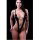 Sexy black patent leather open-crotch bra and panty set for adults, featuring a daring design with thin straps and cutouts.